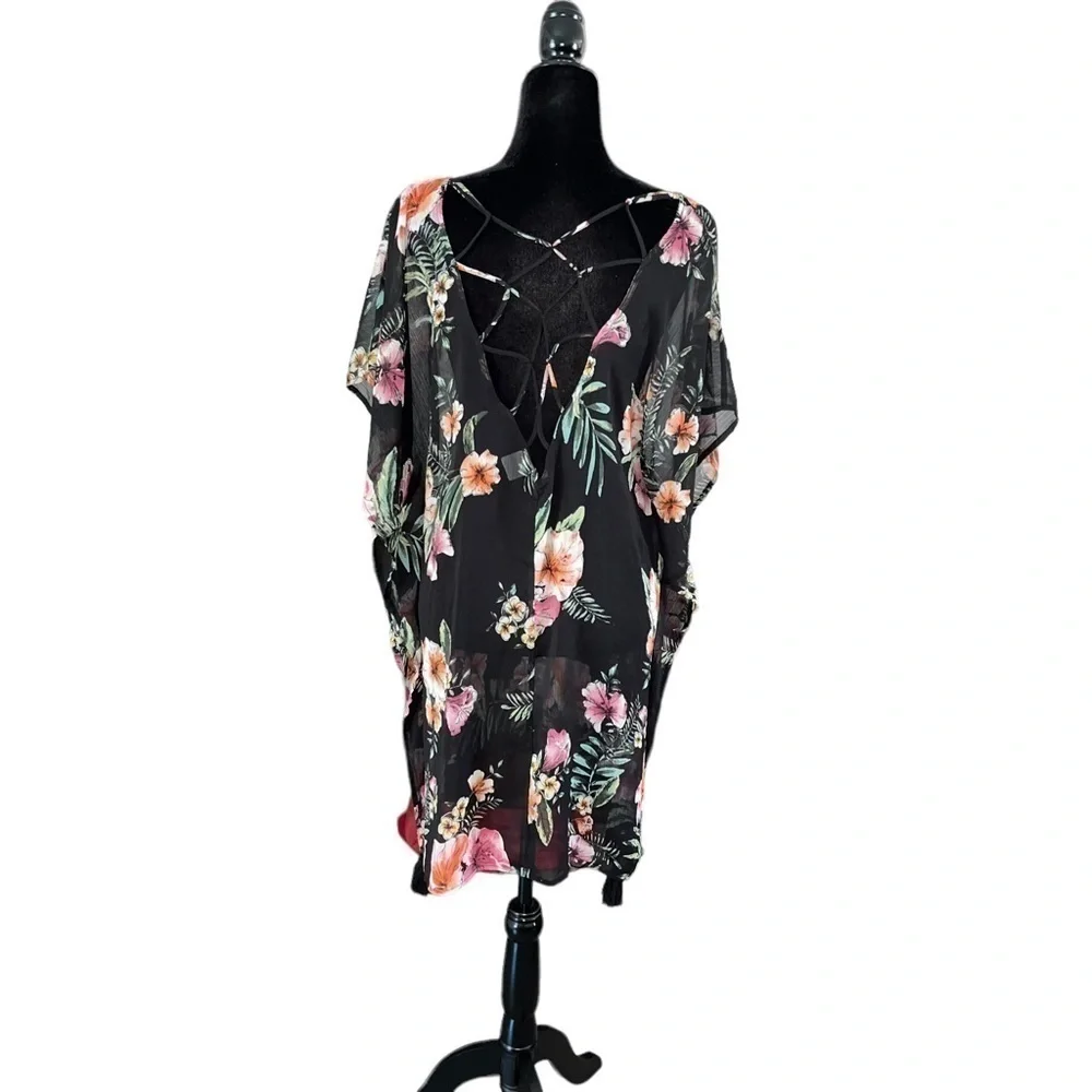 Kona Sol Black Tropical Sheer Swim Cover Up